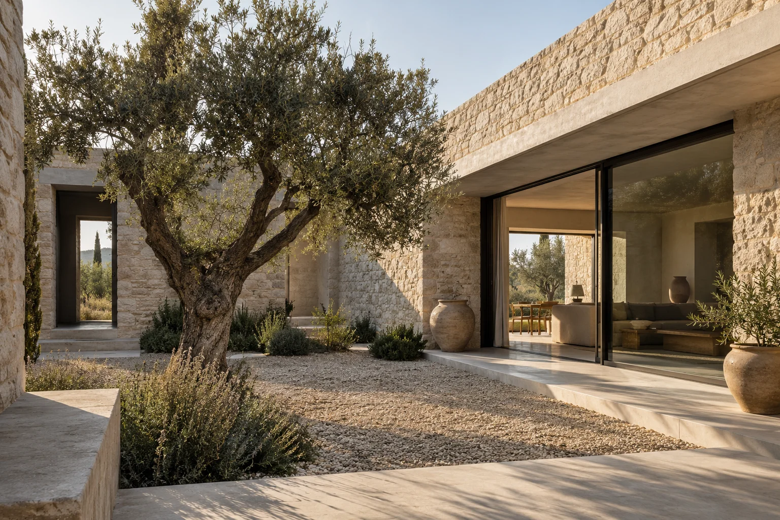 Imagen conceptual generada: casa de piedra clara alrededor de un patio con un olivo