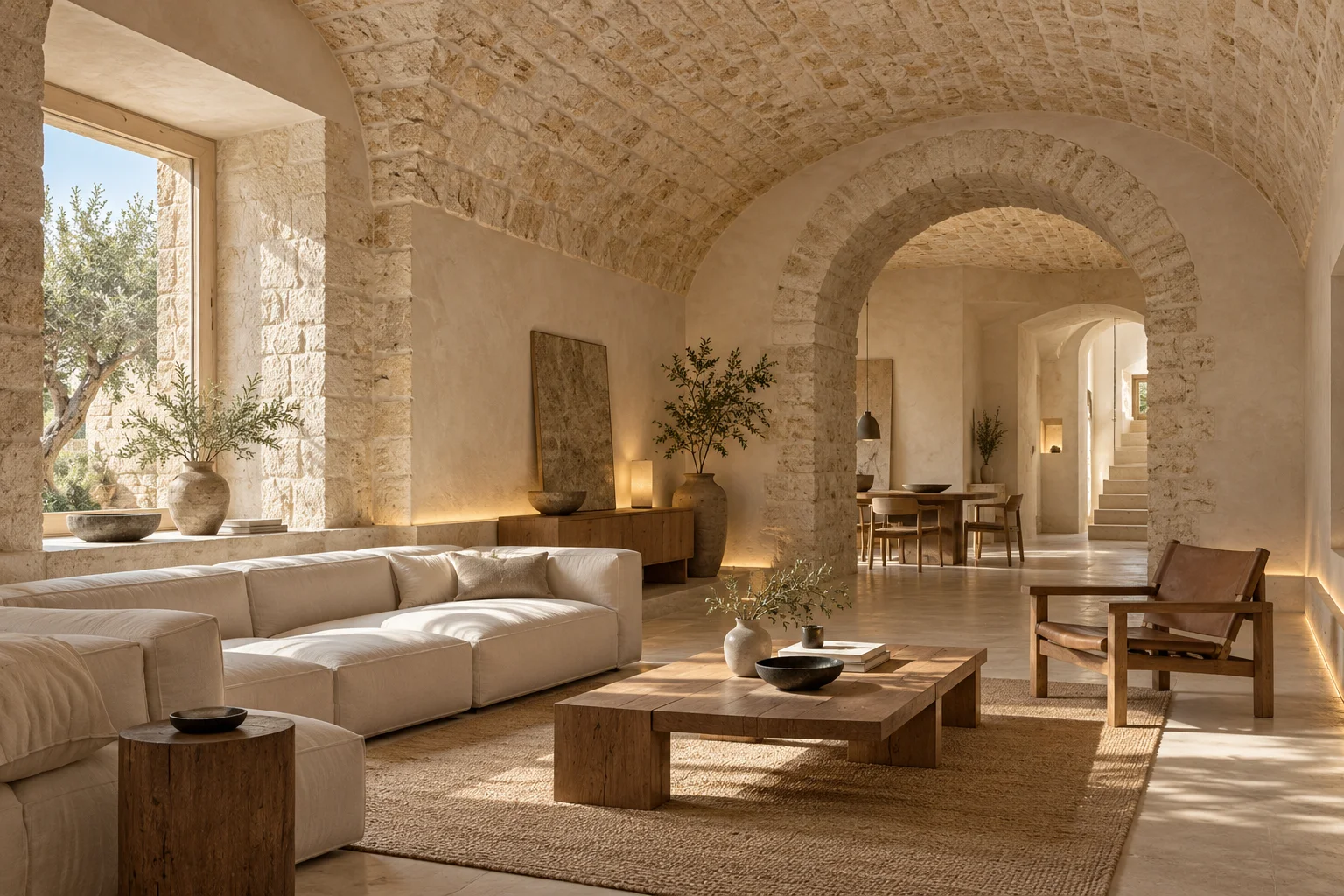 Imagen conceptual generada: interior rehabilitado con bóvedas de piedra y luz natural